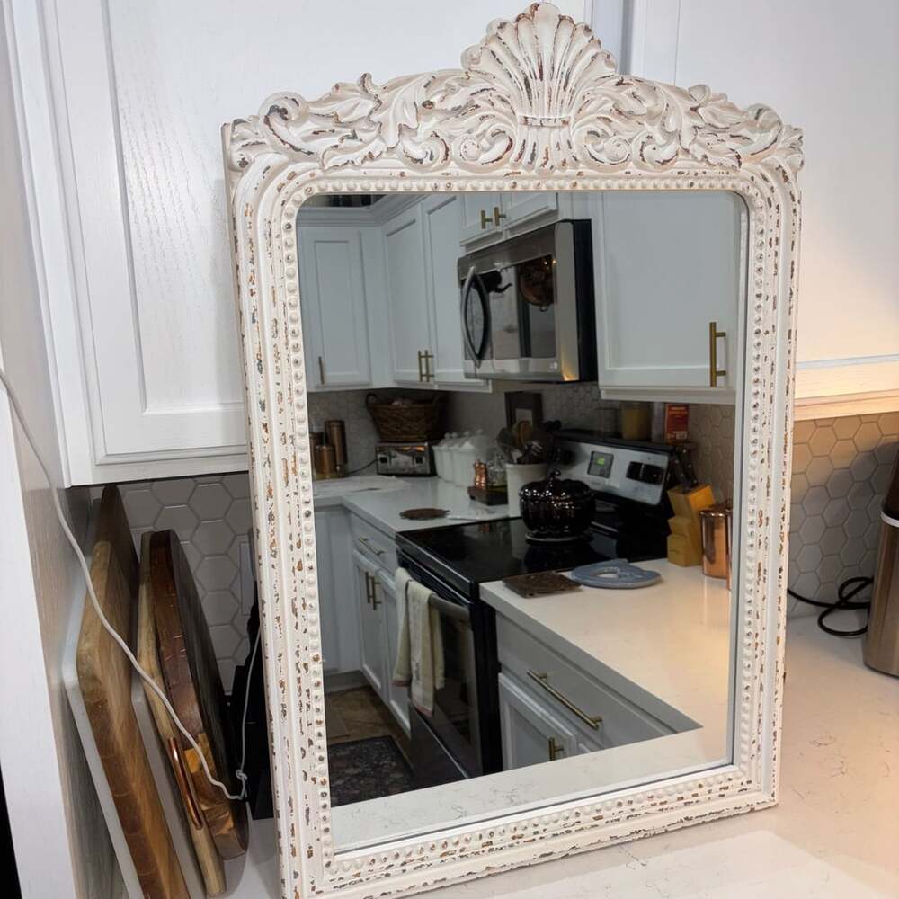 Heavy Wood Ornate Baroque Style Wall Mirror Distressed White 24x36